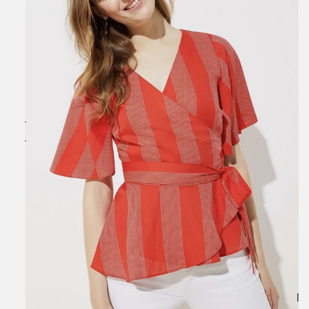 LOFT Red Striped Wrap Top